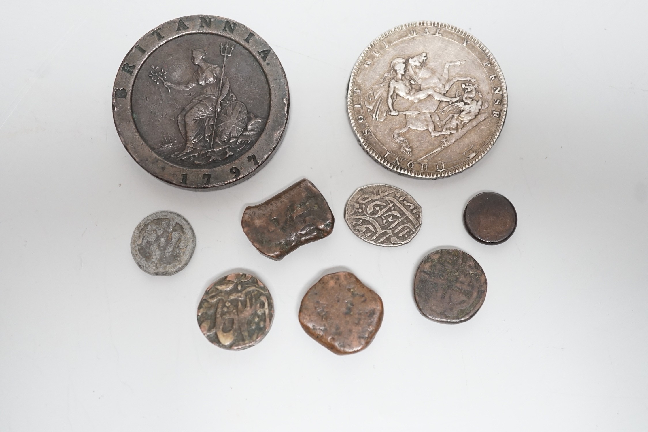 A George III 1797 'cartwheel' 2d, a George III 1819 silver crown and assorted Indian coinage.